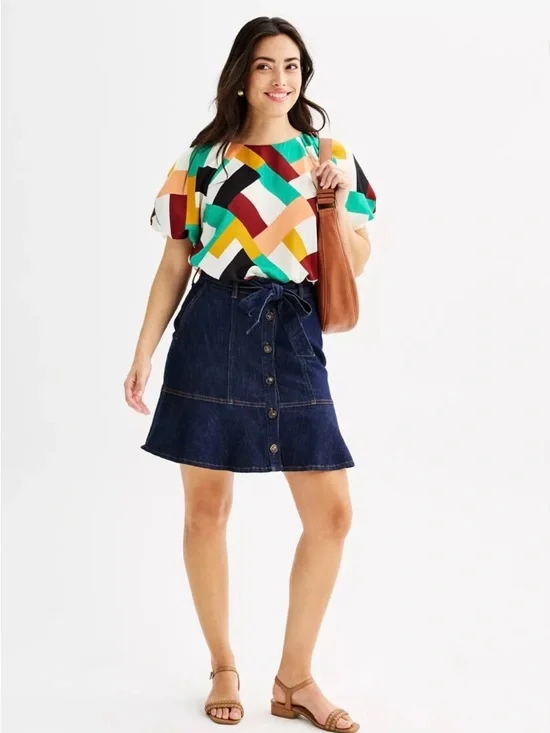 Nine West Ribbon Belt Button Front Denim Mini Skirt Size M - Picture 3 of 10